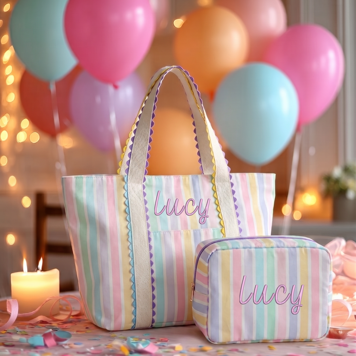 Personalized matching tote and pouch gift sets embroidered with a name