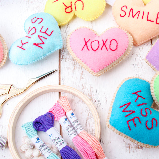 Felt conversation-heart plushies