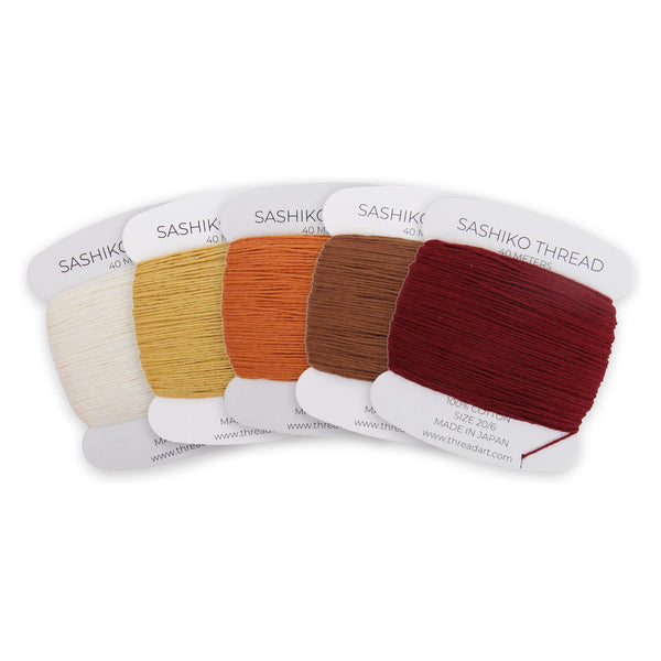 Earth Tones Sashiko Thread Set, 5 Colors - 100% Cotton, Size 20/6 - Threadart.com