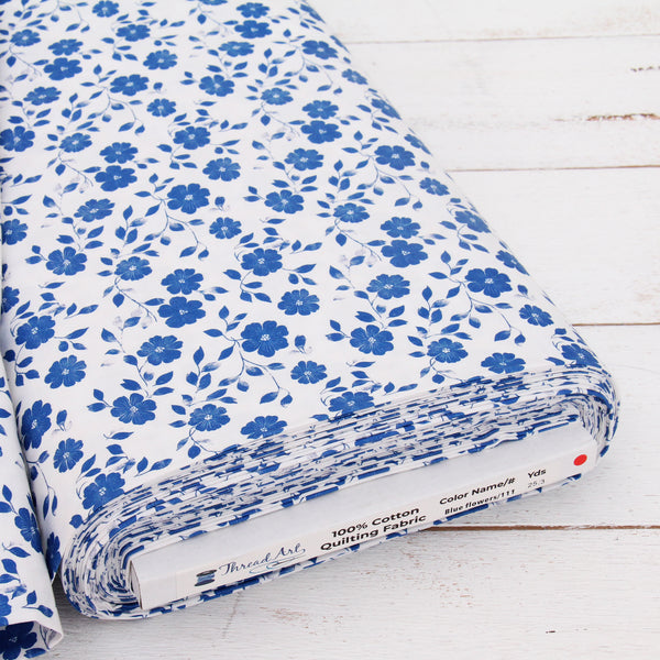 Premium Cotton Quilting Fabric Sold By The Yard - Vintage Threads Collection - Blue Flower - Threadart.com