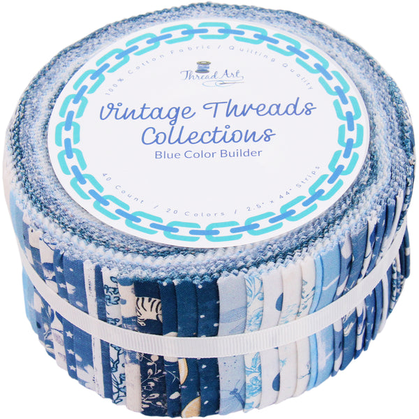 Jelly Roll - 40 Precut Fabric Strips in Blue Prints, Premium Cotton - Threadart.com