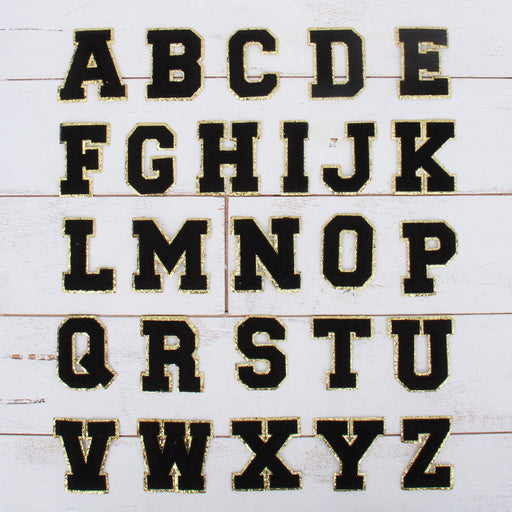 26 Black Iron On Varsity Letter Patches - Full Alphabet - Large 8 cm Chenille with Gold Glitter - Threadart.com