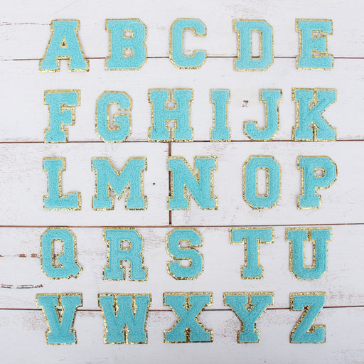 26 Letter Set of Blue Iron On Varsity Letter Patches - Full Alphabet - Small 5.5 cm Chenille with Gold Glitter - Threadart.com