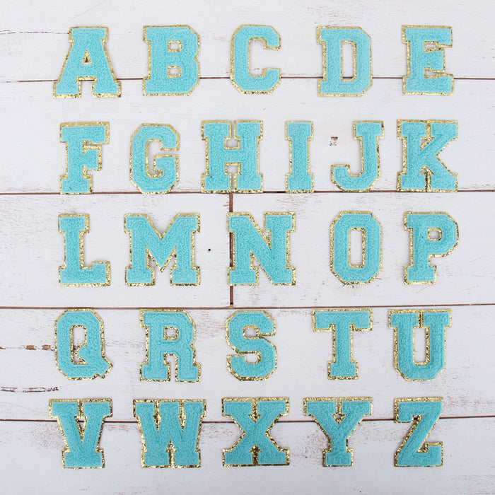 26 Letter Set of Blue Iron On Varsity Letter Patches - Full Alphabet - Small 5.5 cm Chenille with Gold Glitter - Threadart.com