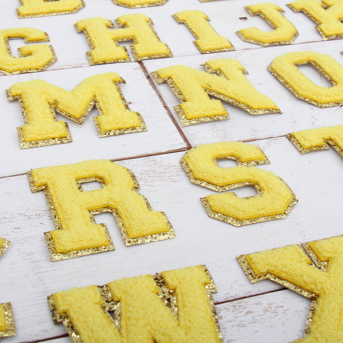 26 Letter Set of Yellow Iron On Varsity Letter Patches -Full Alphabet  -Large 8 cm Chenille with Gold Glitter - Threadart.com