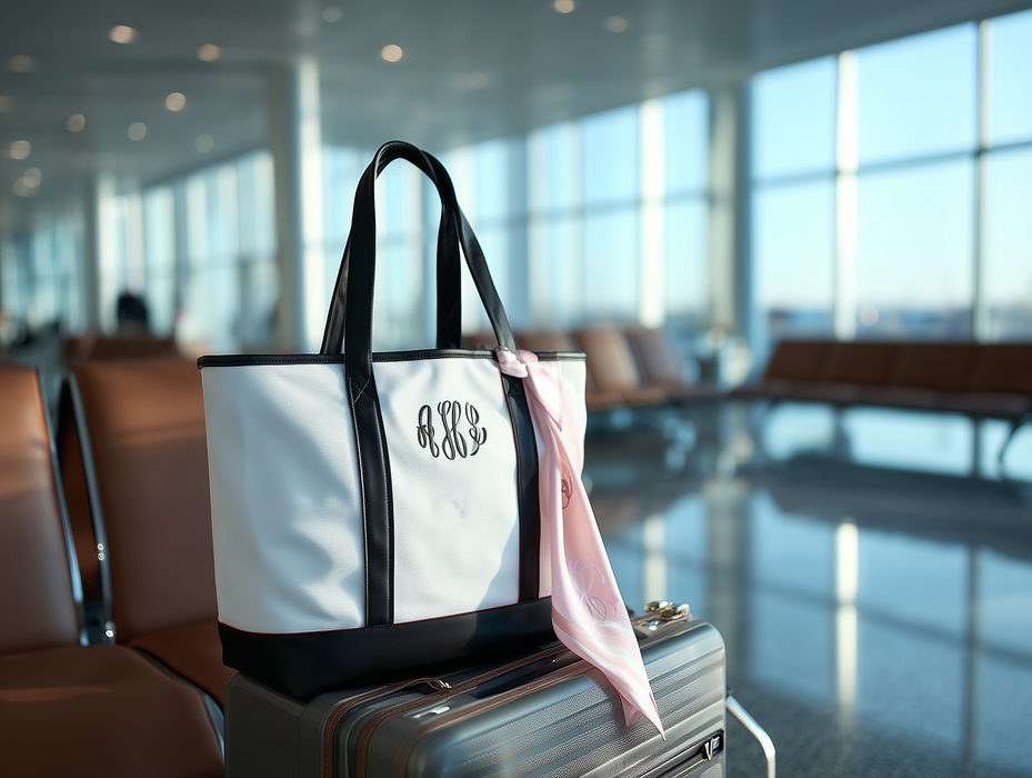 A white tote bag with a monogrammed logo is sitting on top of a rolling suitcase in an airport terminal.