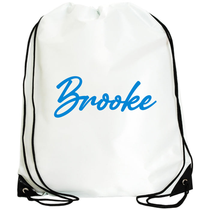 A white drawstring backpack with the name "Brooke" printed in blue cursive text on it.