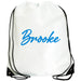 A white drawstring backpack with the name "Brooke" printed in blue cursive text on it.