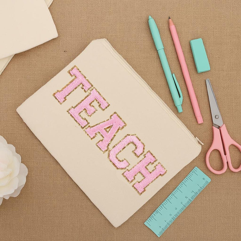 Teacher's Gift Pouch - Varsity Chenille Letters With Glitter Outline - Threadart.com