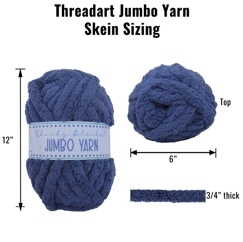 a jumbo yarn skein in various sizes, including a 12-inch ball, a 6-inch ball, and a 3/4-inch ball. The yarn appears to be thick and soft, suitable for knitting or crocheting.