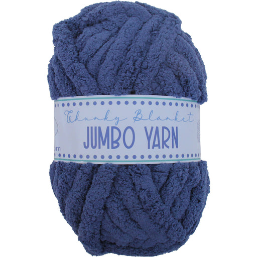 A ball of chunky, blue yarn labeled as a jumbo yarn.