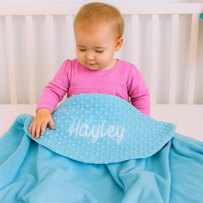 Personalized Soft Baby Blanket - Minky Ivory, Blue and Pink With Embroidery Name - Threadart.com
