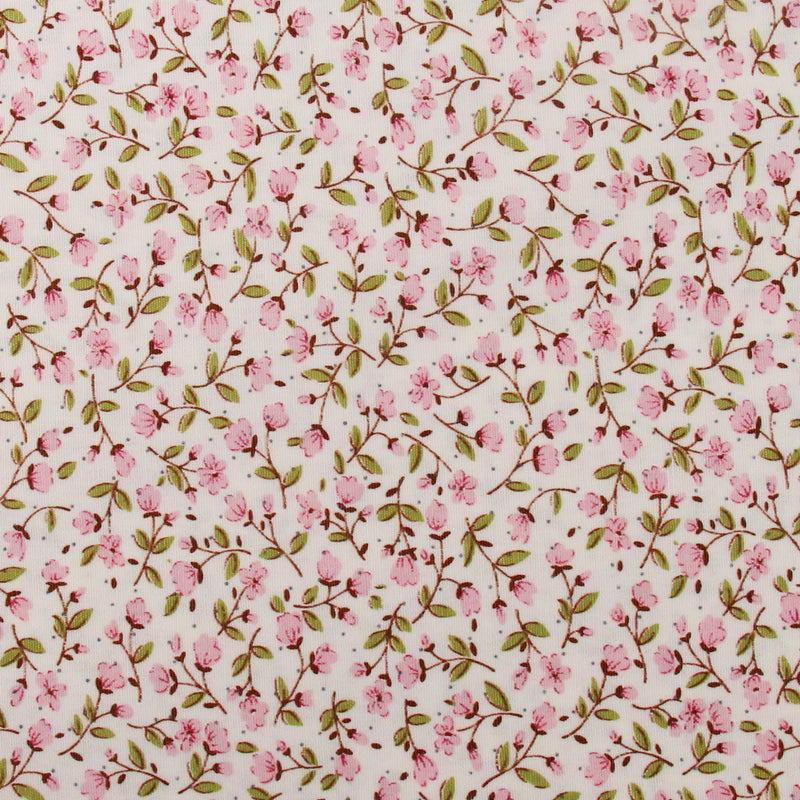a repeating pattern of pink flowers and green leaves on a white background.