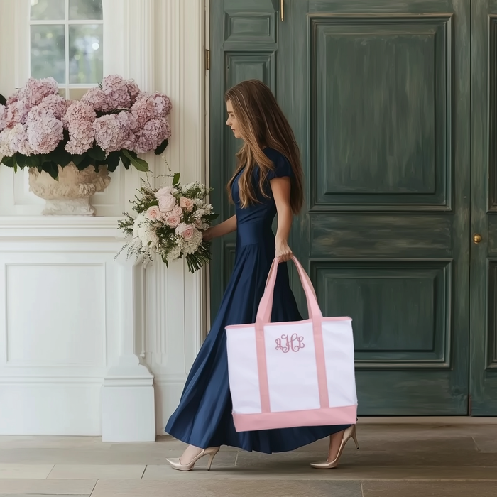 A woman in a blue dress carrying a pink tote bag is walking past a green door with a vase of pink hydrangeas on the windowsill.