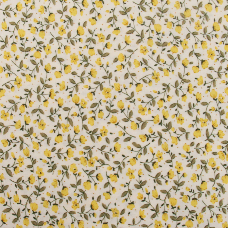 a repeating pattern of yellow flowers and green leaves on a white background.