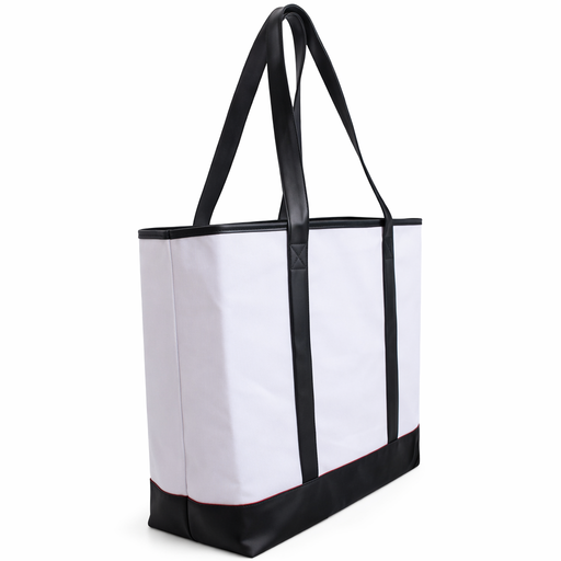 A large white tote bag with black straps and trim.