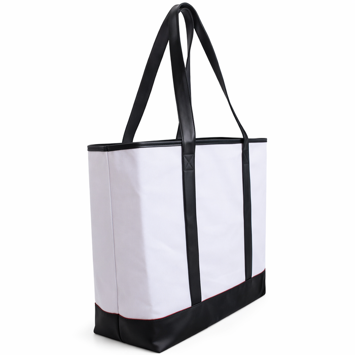 A large white tote bag with black straps and trim.