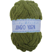 A large ball of green, chunky yarn labeled as a jumbo yarn.