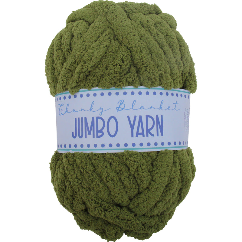 A large ball of green, chunky yarn labeled as a jumbo yarn.