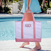 Extra Large Canvas & Leather Tote Bag - White With Light Pink Handles - Threadart.com