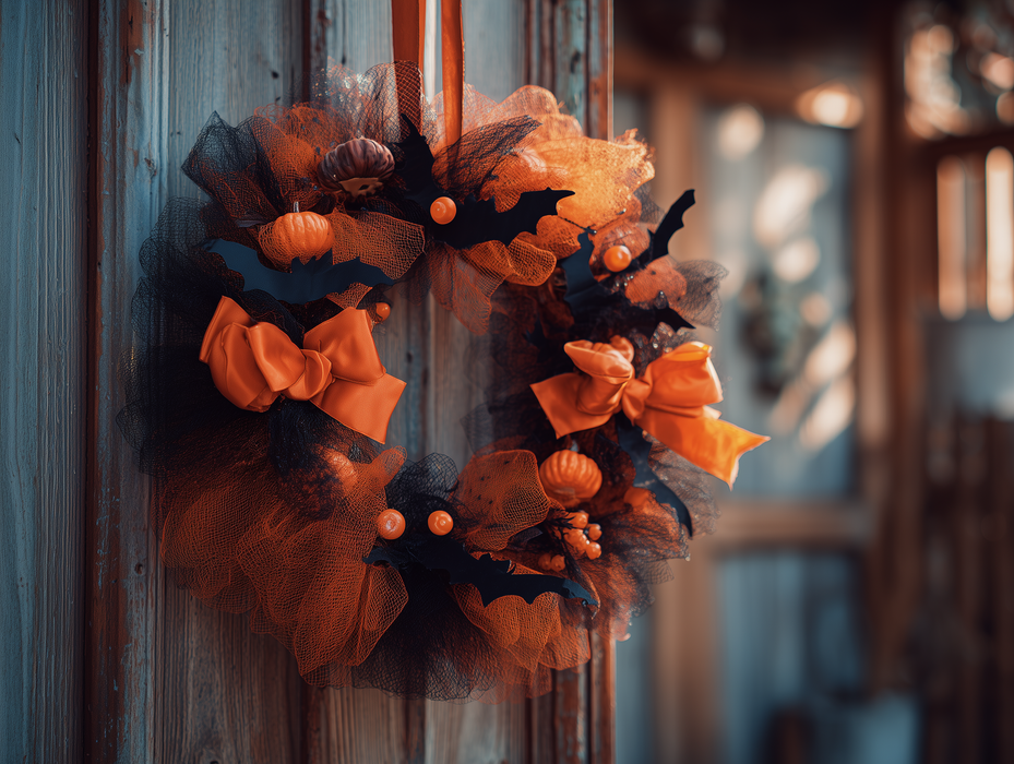 A Halloween wreath made of orange and black fabric, featuring bats, pumpkins, and orange bows, hanging on a wooden door.