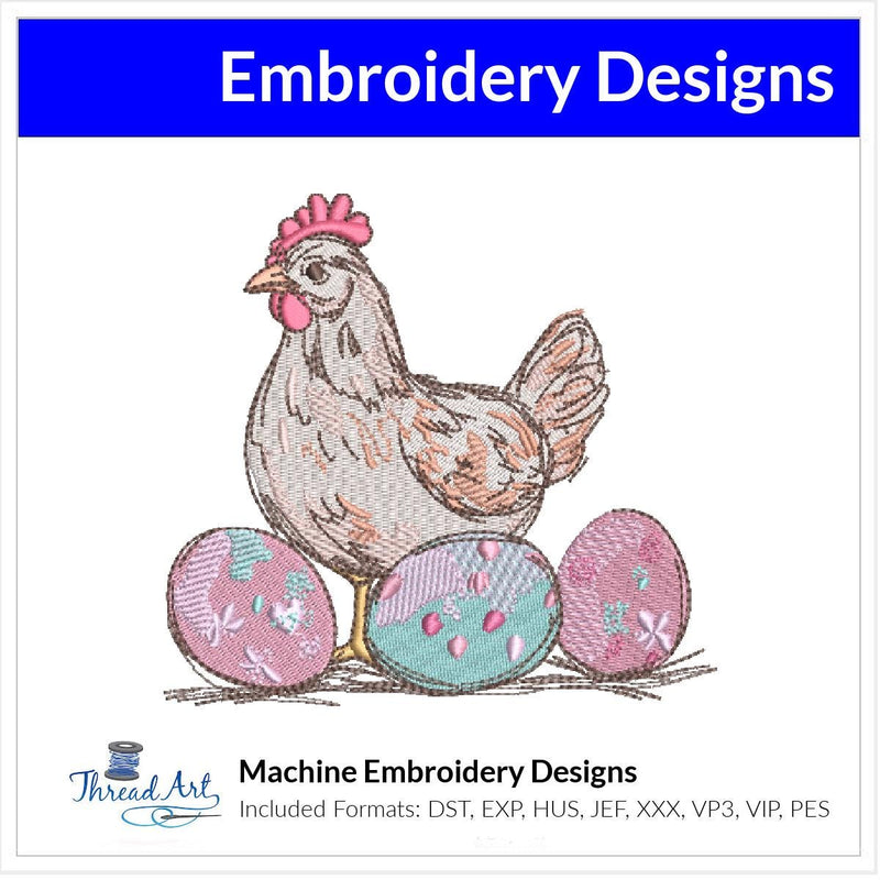 Easter Chicken With Eggs Embroidery Design Instant Download Cute - 3 Sizes - 8 Formats - ThreadArt - Threadart.com