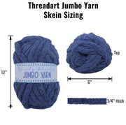 a jumbo yarn skein in various sizes, including a 12-inch ball, a 6-inch ball, and a 3/4-inch ball. The yarn appears to be thick and soft, suitable for knitting or crocheting.