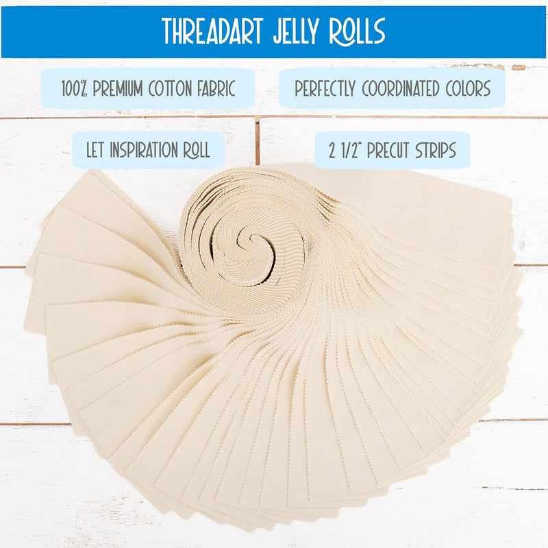 Jelly Roll Fabric Strips, 40 Precut Fabric Strips in Ivory, Premium Cotton - Threadart.com