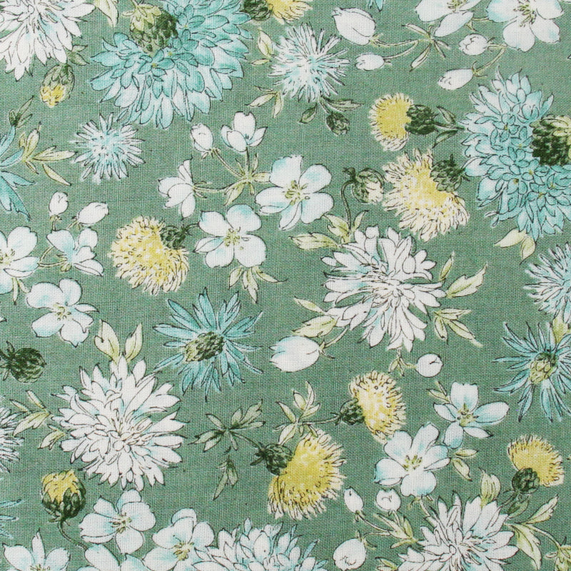 a close-up view of a fabric with a floral pattern. The fabric has a variety of flowers in different colors, including white, yellow, and green, arranged in a visually appealing manner. The flowers are depicted in various stages of bloom, creating a dynamic and lively appearance. The fabric appears to be made of a soft, textured material, suitable for use in clothing or other textile applications.