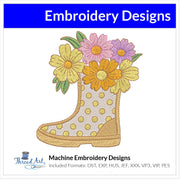 Spring Rain Boot Embroidery Design Instant Download Cute Spring Floral - 3 Sizes - 8 Formats - ThreadArt - Threadart.com
