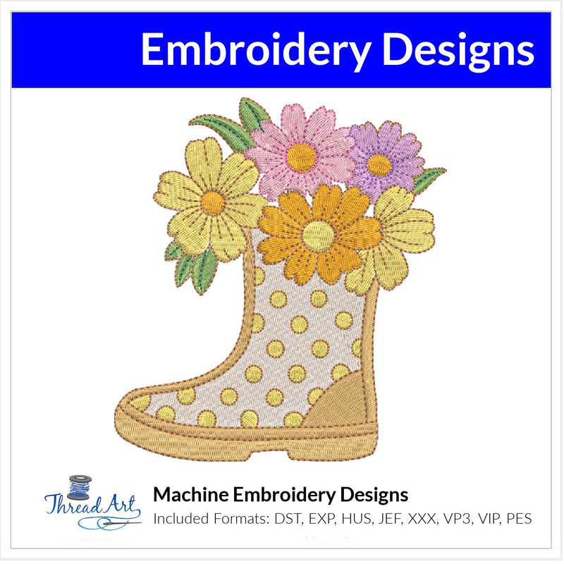 Spring Rain Boot Embroidery Design Instant Download Cute Spring Floral - 3 Sizes - 8 Formats - ThreadArt - Threadart.com