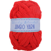 A ball of red, chunky yarn labeled as "Jumbo Yarn" is shown against a white background.
