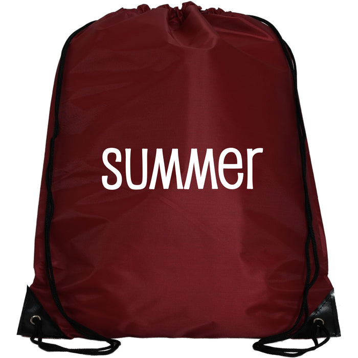 A red drawstring bag with the word "summer" printed on it in white text.
