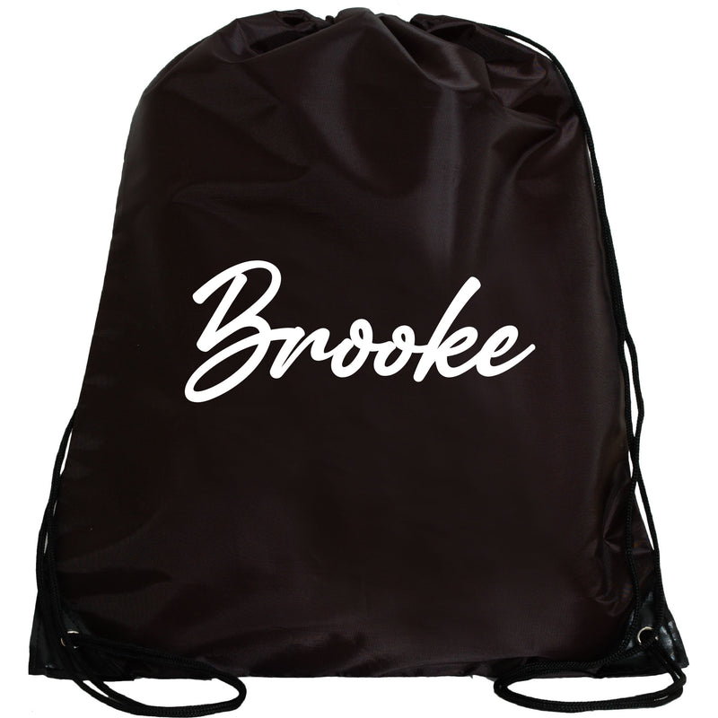 A black drawstring bag with the name "Brooke" printed in white on it.