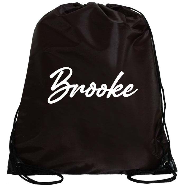 A black drawstring bag with the name "Brooke" printed in white on it.