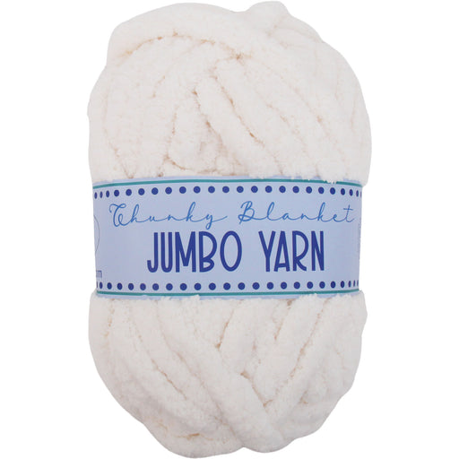 A ball of white, fluffy yarn labeled as "Chunky Blanket" and "Jumbo Yarn" is shown against a white background.