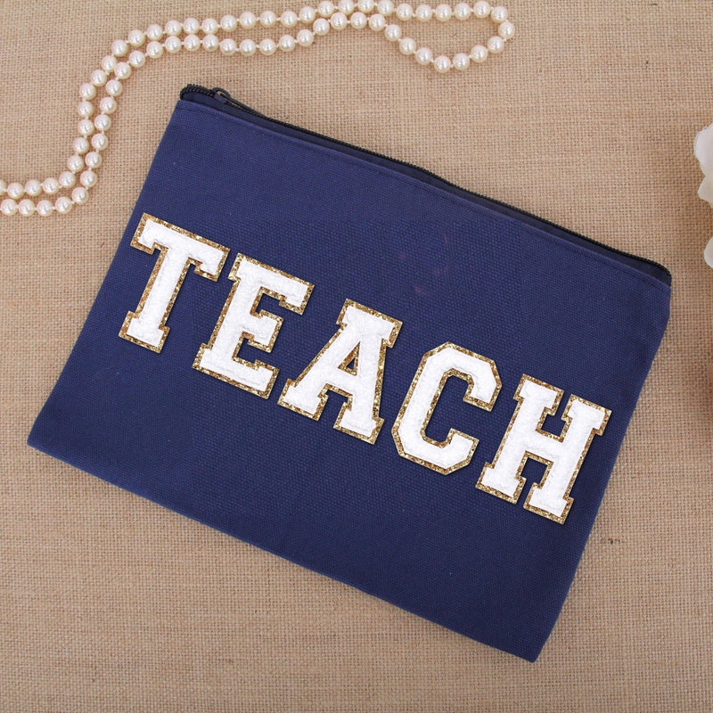 Teacher's Gift Pouch - Varsity Chenille Letters With Glitter Outline - Threadart.com