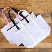 Extra Large Canvas & Leather Tote Bag - White With Light Pink Handles - Threadart.com