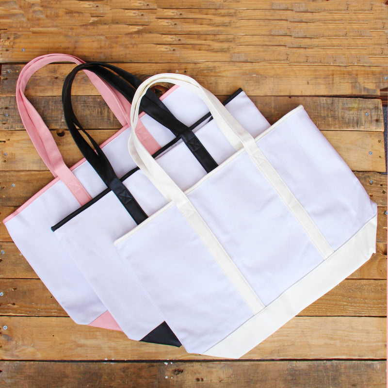 Extra Large Canvas & Leather Tote Bag - White With Light Pink Handles - Threadart.com
