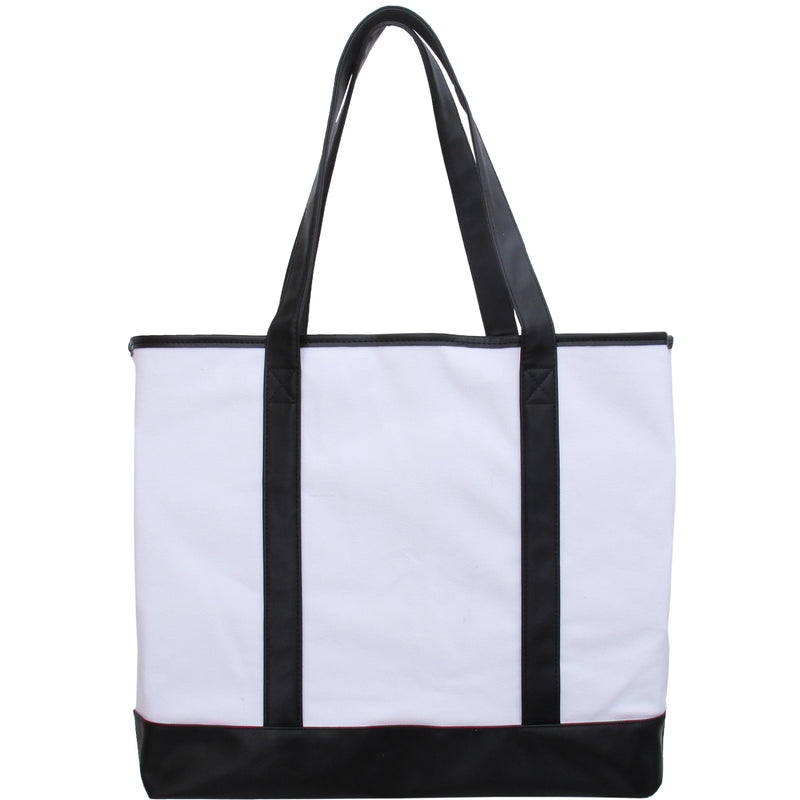 Extra Large Canvas & Leather Tote Bag - White With Black Handles - Threadart.com