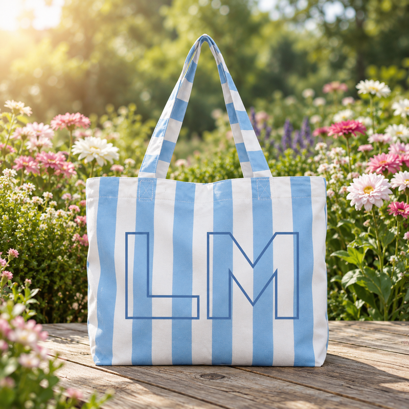 Personalized Striped Tote Bag - Embroidered Monogram or Name