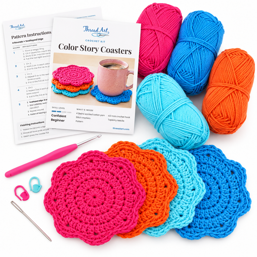 Color Story Coasters Crochet Kit - Vibrant Brights - 4 Colors of Cotton Crochet Yarn Included - Threadart.com