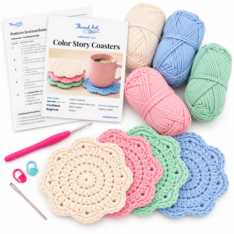 Color Story Coasters Crochet Kit - Soft Pastels - 4 Colors of Cotton Yarn Included - Threadart.com