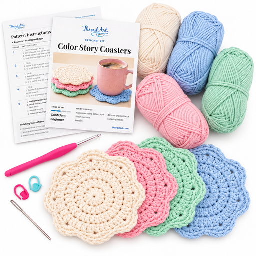 Color Story Coasters Crochet Kit - Soft Pastels - 4 Colors of Cotton Yarn Included - Threadart.com