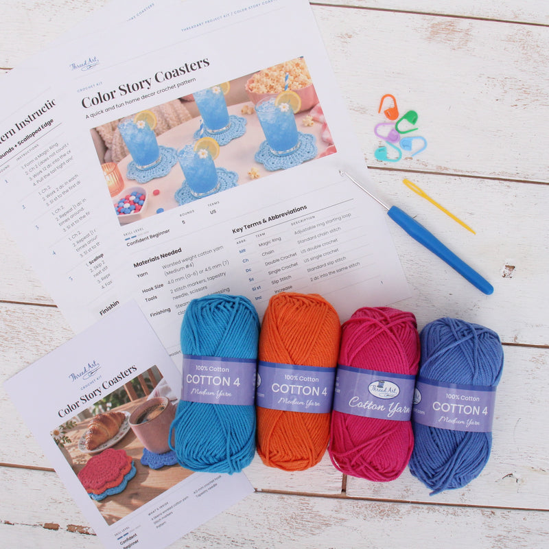Color Story Coasters Crochet Kit - Vibrant Brights - 4 Colors of Cotton Crochet Yarn Included - Threadart.com