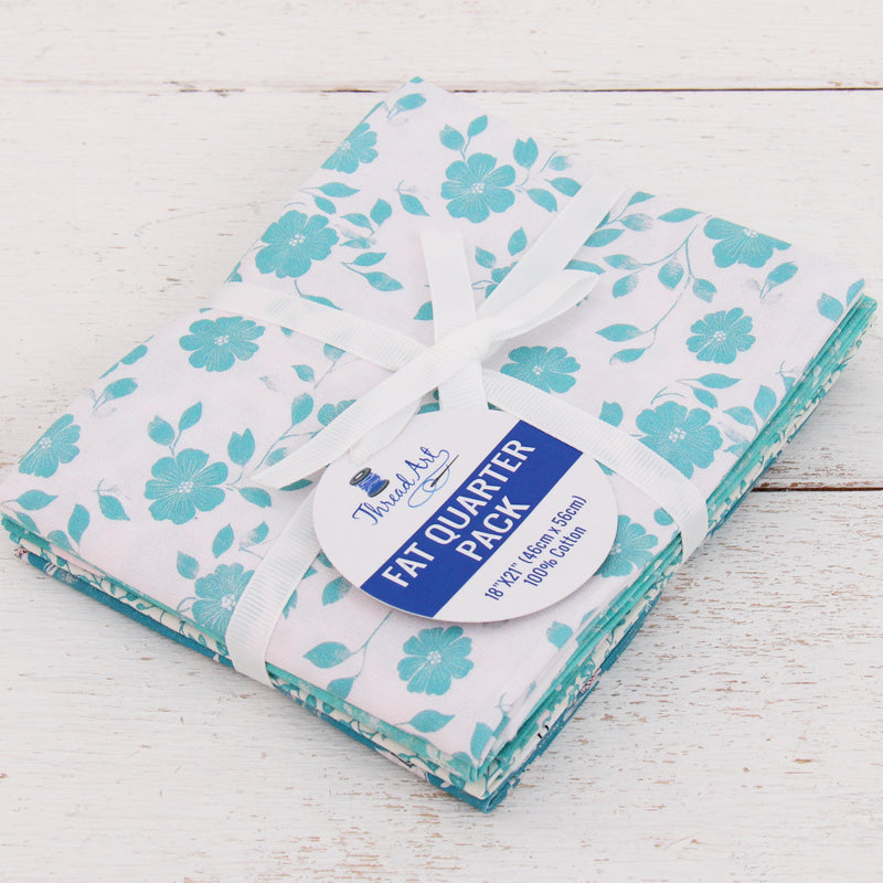 Fat Quarter Bundle - Five Aqua Precut Cotton Fabrics - Threadart.com