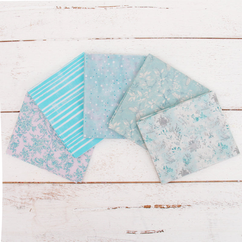 Fat Quarter Bundle - Five Light Aqua Precut Cotton Fabrics - Threadart.com