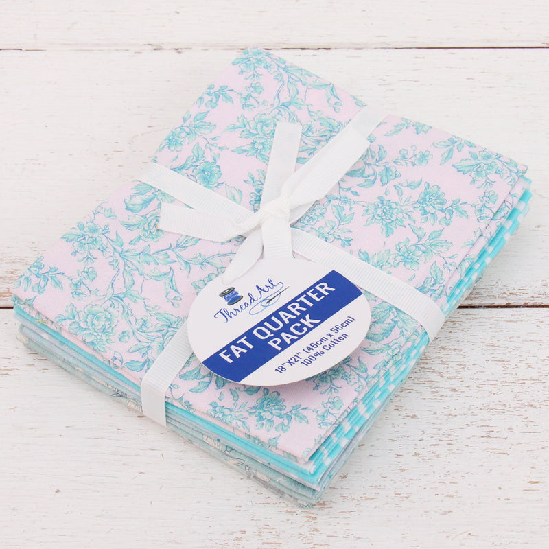 Fat Quarter Bundle - Five Light Aqua Precut Cotton Fabrics - Threadart.com