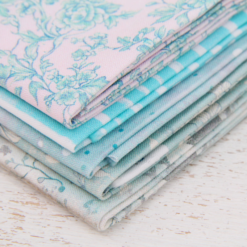 Fat Quarter Bundle - Five Light Aqua Precut Cotton Fabrics - Threadart.com