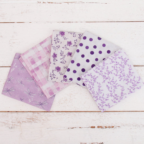 Fat Quarter Bundle - Five White & Purple Precut Cotton Fabrics - Threadart.com